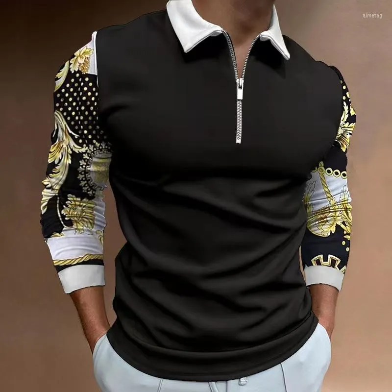 Men's Polos Fall 2023 Gold Chain Print Casual Long Sleeve Polo Shirt Men's Breathable Street Chic Retro Lapel Zip-up Top S-3XL