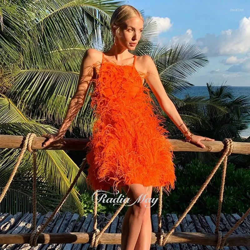 Party Dresses Radia May Orange Ostrich Feather Mini Cocktail Sexy Spaghetti Straps Short Prom Dress Wedding Birthday Gowns RM089