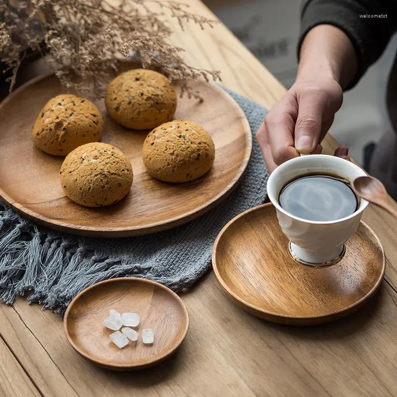 Plates Round Solid Wood Tray Tableware Sets Trinket Dish Set Sushi Fruit Tea Dessert Acacia Wooden Dinner Breakfast