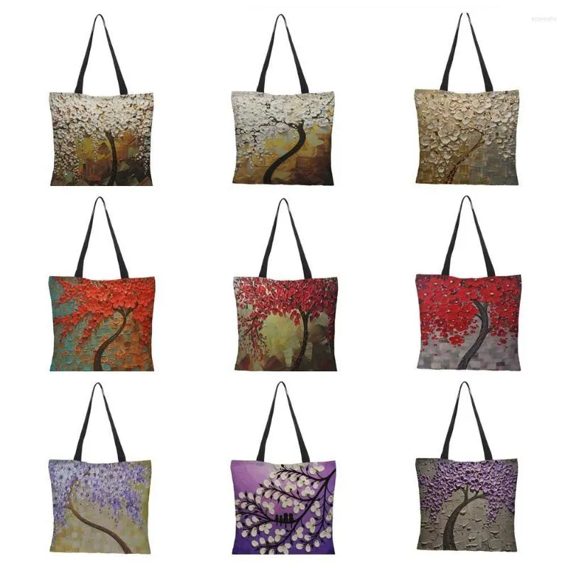 Borse portaoggetti Borsa tote personalizzata con pittura ad olio con fiori di ciliegio per donna Borse eleganti da donna Shopping in lino riutilizzabile Stampa fronte-retro