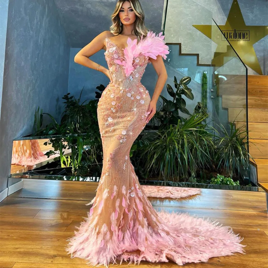 Pink Evening Dresses Sleeveless V Neck Hollow 3D Lace Feather