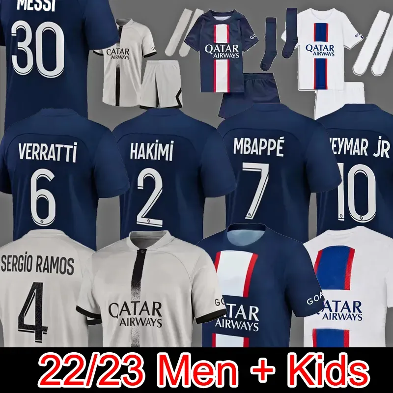 Player 30 10 Mbappe 7 Soccer Jersey Hakimi Sergio Ramos Messis PSGS 22 23 Maillots Football Shirt 2022 2023 Men Kids Kit Sets Uniform Enfants