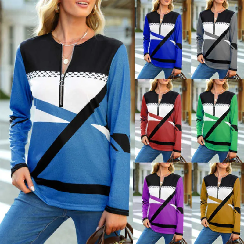 T-Shirt Femme Mode T-shirt Femme 2022 Nouvelle Fermeture Éclair Couleur Contraste Patchwork T-shirt à manches longues Décontracté Lâche Imprimé O-cou Pull Haut T230104