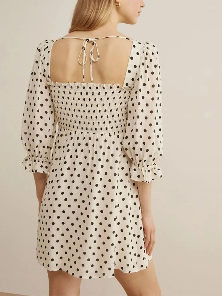 Casual Dresses Women Summer 2023 Elegant Square Neck Back Tie Vintage Polka Dot Woman 3/4 Puff Sleeve Smocked Mini