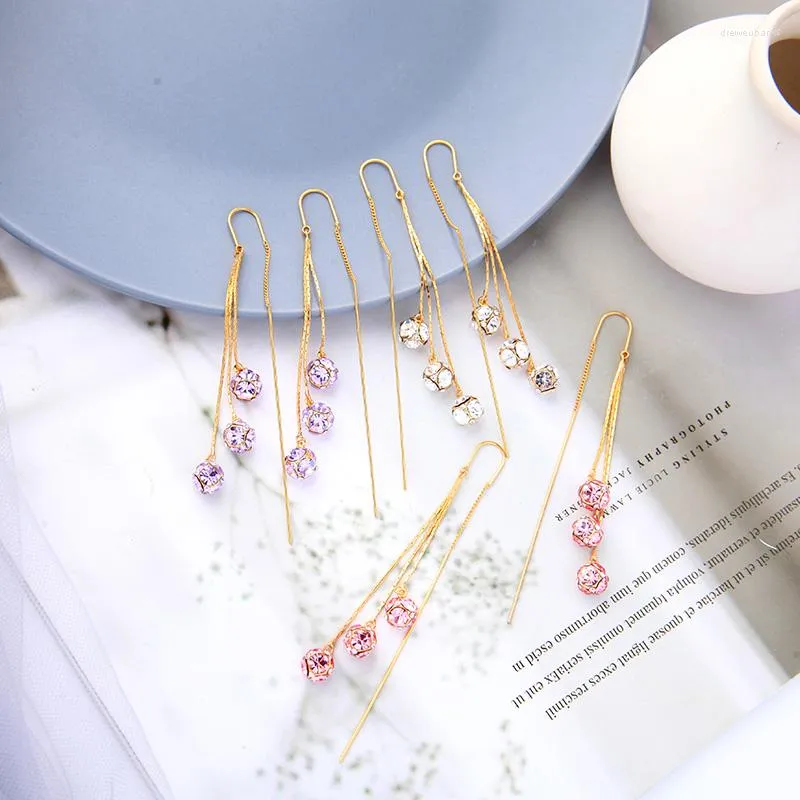 Kolczyki Dangle Uer błyszczące biały różowy fioletowy kryształ dla kobiet złoty kolor mosiądz długi łańcuchy Tassel Threader biżuteria