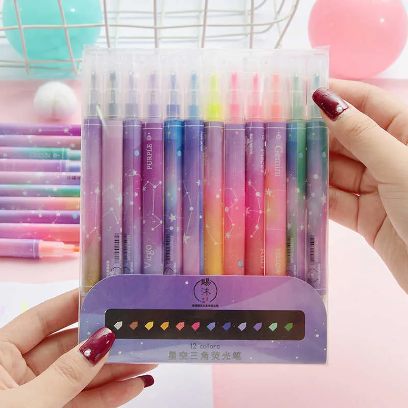 Stylos marqueurs artistiques à Double tête, surligneur, liquide Pastel Fluorescent, couleur scolaire, papeterie fournitures pour journaux, 12 pièces