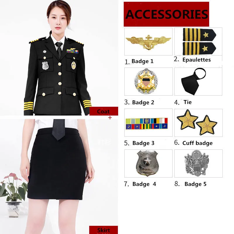 Tvådelad klänning lyxig kryssningsoffiser Commander Navy Uniform Women Jacka kostym administratörer Säkerhet Arbetskläder Säkerhetsvakt uniformer