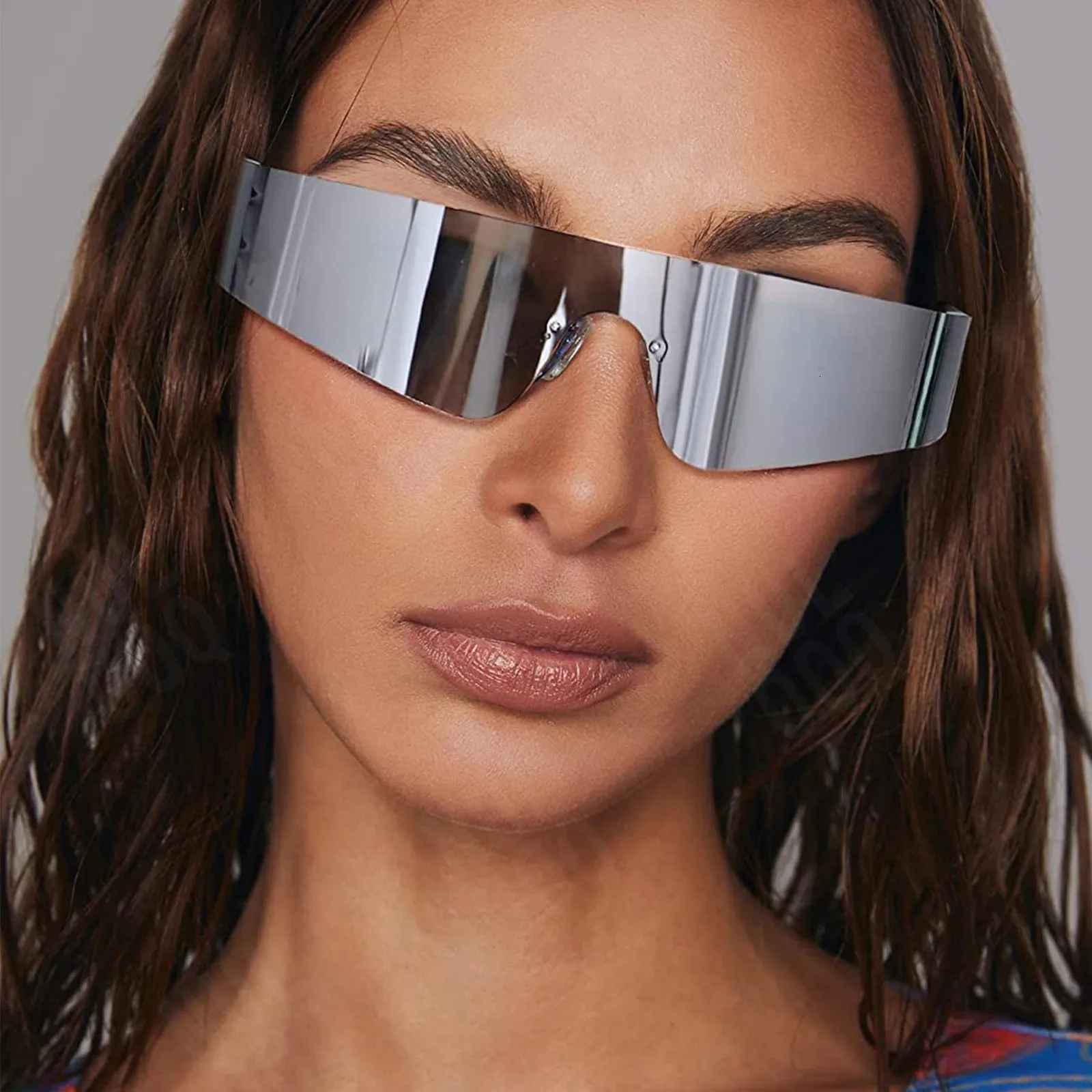 Solglasögon Bågar Y2K Kantlösa Futuristiska Wrap Around Kvinnor Män Trendiga Cyberpunk Visir Solglasögon Monoblock Cyclops Shades 230103