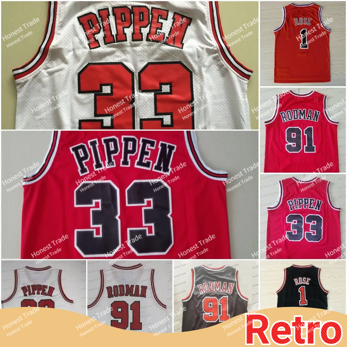 Maglia da basket retrò Derrick Rose Dennis Rodman 33 Scottie Pippen Rose Bianco Rosso Maglie da uomo in rete cucita ritorno al passato