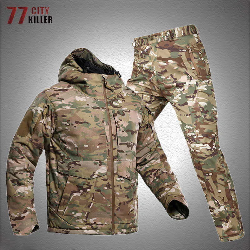 Outdoor Jackets Hoodies Mens Winter Outdoor Waterproof Jackets Set Winter Camouflage Hunting Windproof Padded Jacket Pant Thermal Tactical Camping Suits 0104