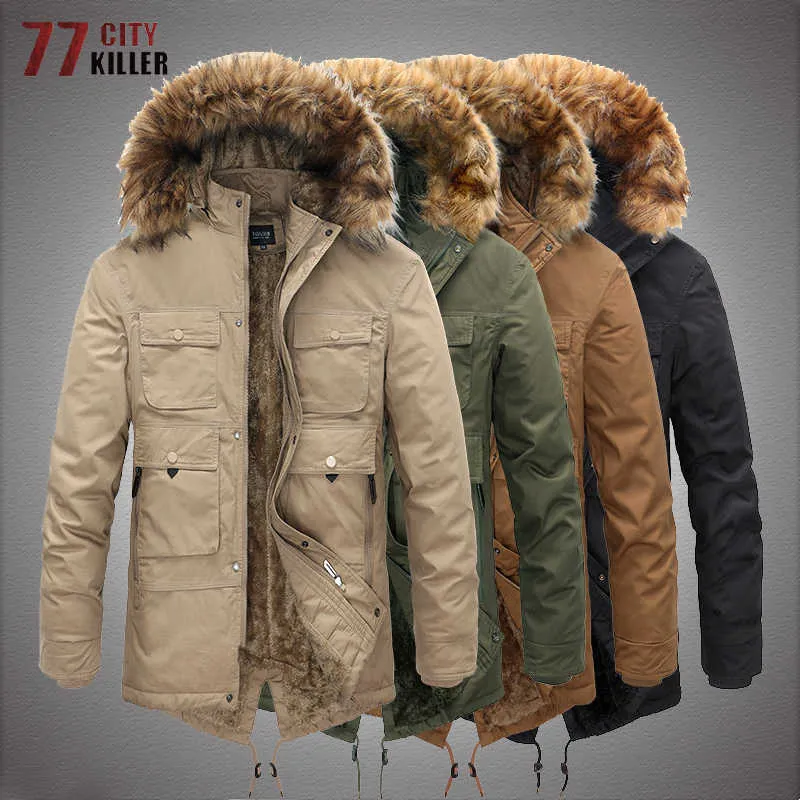 Outdoor-Jackets Hoodies Herren Winterjacke Parka mitten in der Länge plus Samt dicke warme Multi-Taschen-Pelzkragen Jacken Solid männlicher Outdoor-Freizeitmantel neu 0104