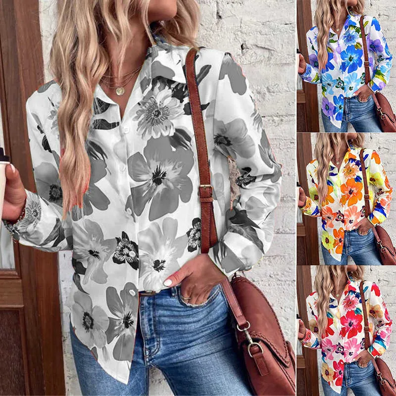 Camiseta para mujer 2022 Otoño Nueva blusa de moda para mujer Cuello vuelto Estampado de flores Casual Camiseta de manga larga Camisa Botón suelto Streetwear Top T230104