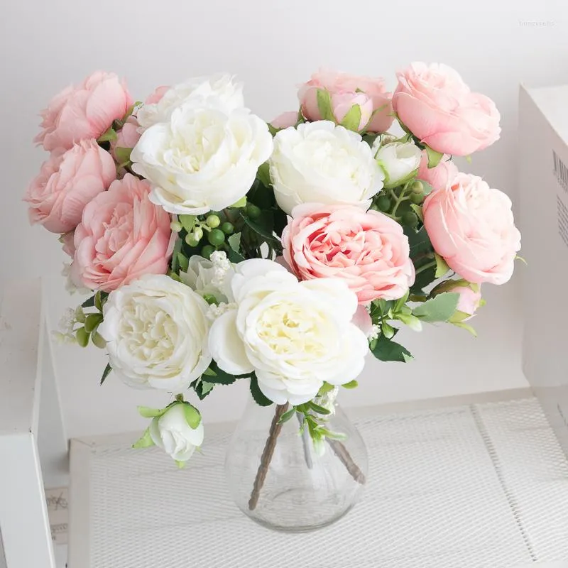 Flores decorativas de 30 cm de flor artificial de seda peônia buquê de primavera branca para decoração de casamento de casamento garden garden office festa diy falsy
