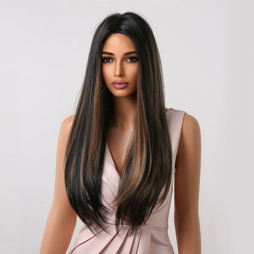 Black Balayage Synthetic Wig with Highlights Middle Part Long Straight Wigs Dark Brown Hair Wigs for Women Afrofactory direct