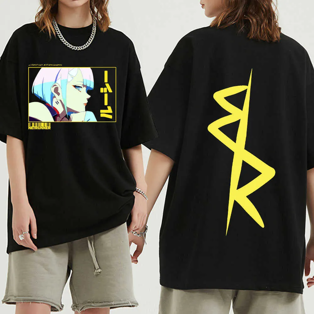 남자 티셔츠 일본 애니메이션 Lucy Cyberpunk Edgerunners 티셔츠 인쇄 남성 여성 짧은 슬리브 T 셔츠 대형 아늑한 하라주 쿠 스트리트웨어 t230103