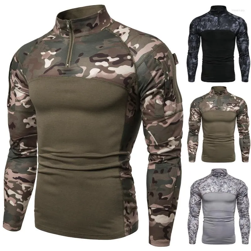 Männer T-Shirts Mode Männer Taktische T-shirt Armee Camouflage Combat Shirt Stehkragen Langarm Militärische Elastische Paintball