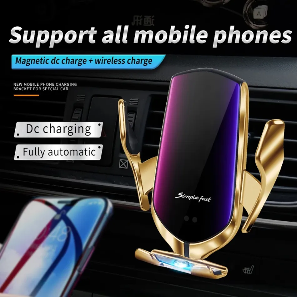 R2S Automatisk Clamping Car Mount Wireless laddning 10W Magic Clip Holder för iPhone Samsung All mobiltelefonladdare