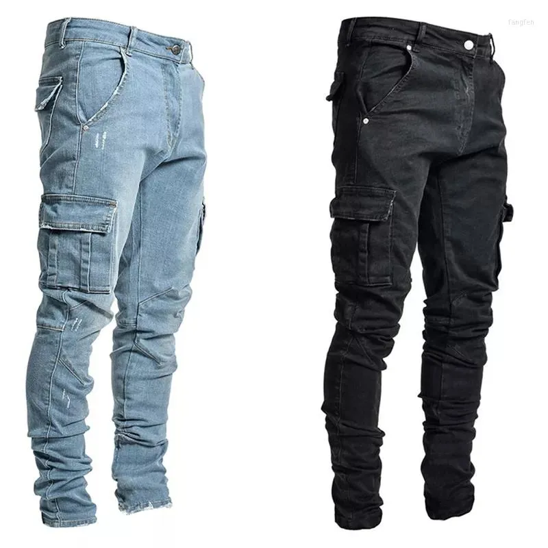 Mäns jeans i män byxor casual bomull denim byxor multi ficklast mode blyerts sidofickor