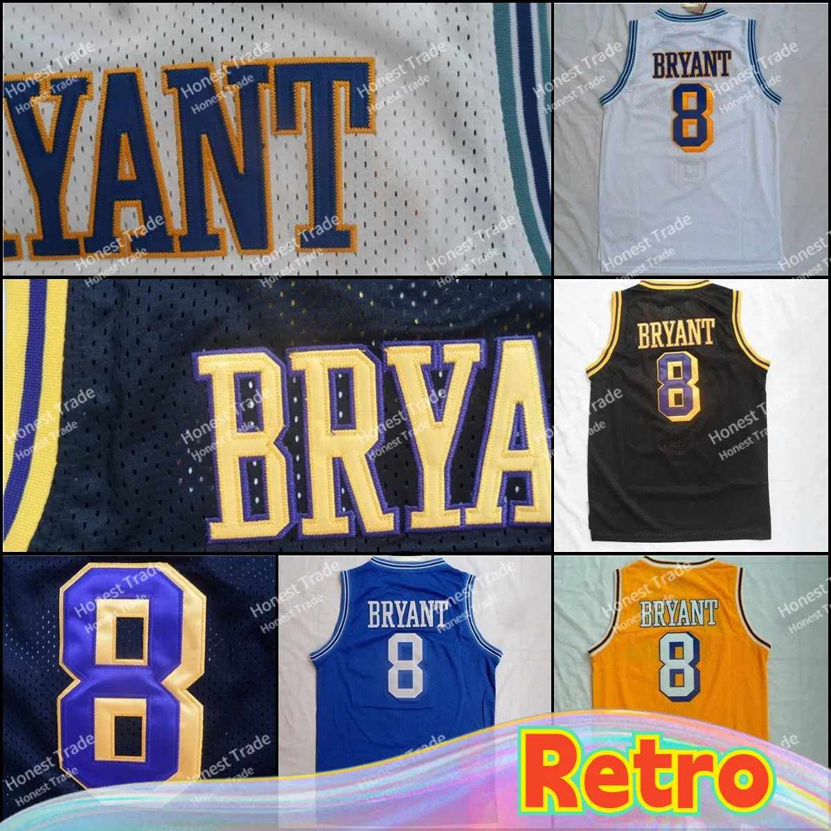 Retro 8 Basketball Jersey Jaune Violet Noir Hommes Cousu Maille Respirant Porter Hommes # 8 Maillots 1996 1997