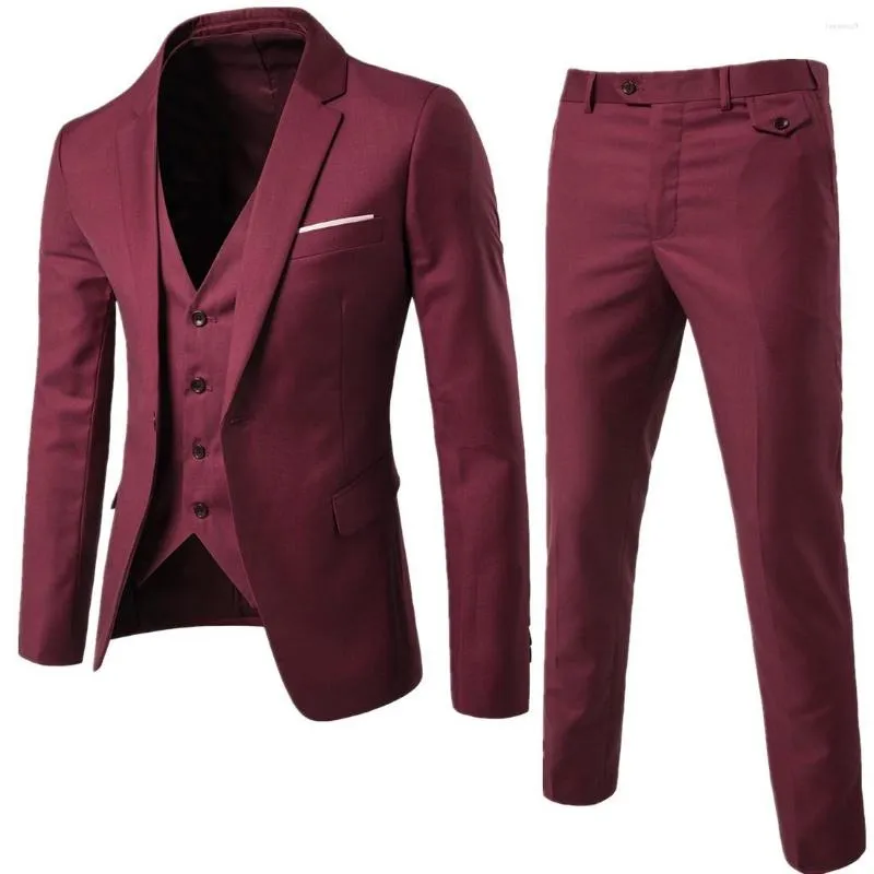 Herrenanzüge, Herren-Marken-Blazer, 3-teilig, weinrot, elegant, schmale Passform, Knopfleiste, Anzug, Weste, Party, Hochzeit, formelle Business-Casual-Terno