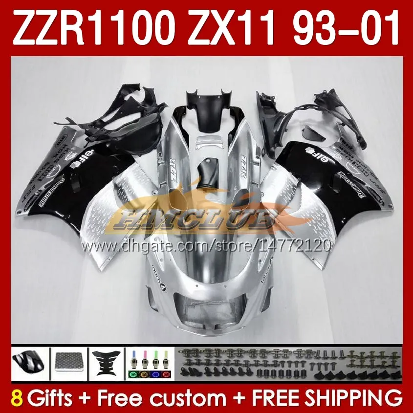 Silvery svart kropp för Kawasaki Ninja ZX-11 R ZZR-1100 ZX-11R ZZR1100 ZX 11 R 11R ZX11 R 1993 1994 1995 2000 2001 165NO.4 ZZR 1100 CC ZX11R 93 94 95 96 97 98 99 00 01 FAIRING Kit Kit