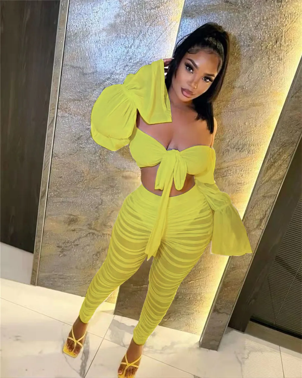 Autumn Womens Two Piece Lime Green Tracksuit Set Long Sleeve Bandage Crop Top And Mesh Pants For Night Club And Party Wear Wholesale Sportswear 8631 From Julia dress 22.49 DHgate.Com