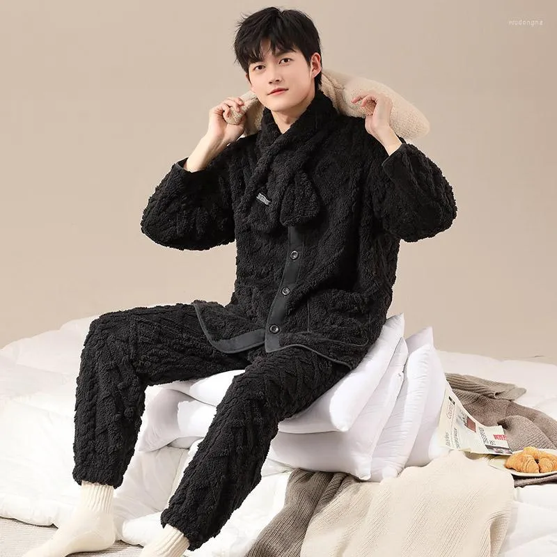 Men's Sleepwear Men's Winter V-Neck Cardigan Pajamas Set Solid Coral Fleece Homewear Thick Warm Plush Velvet Male Suit Fall Sweatshirt