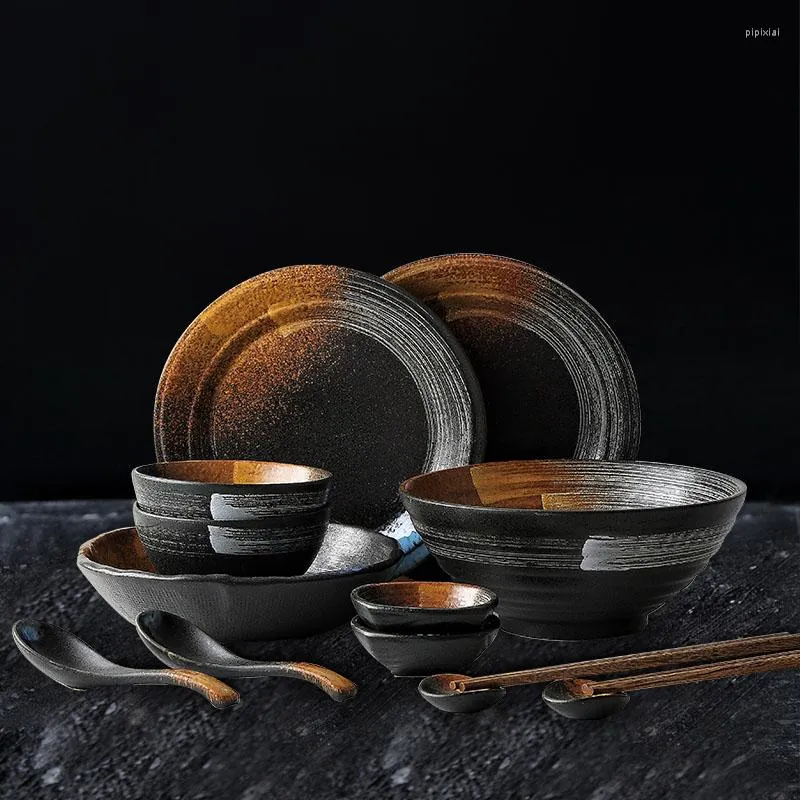 Plates KINGLANG Japanese Dinner Set Ceramic Retro Tableware Frosted Texture Bowl Dish Home Flat Plate Restaurant Elware