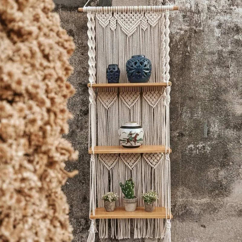 Estatuillas decorativas Boho Macrame Estante para colgar en la pared 1/2/3 niveles Tejido a mano Borla Organizador de madera Estantes Percha flotante para la decoración del hogar