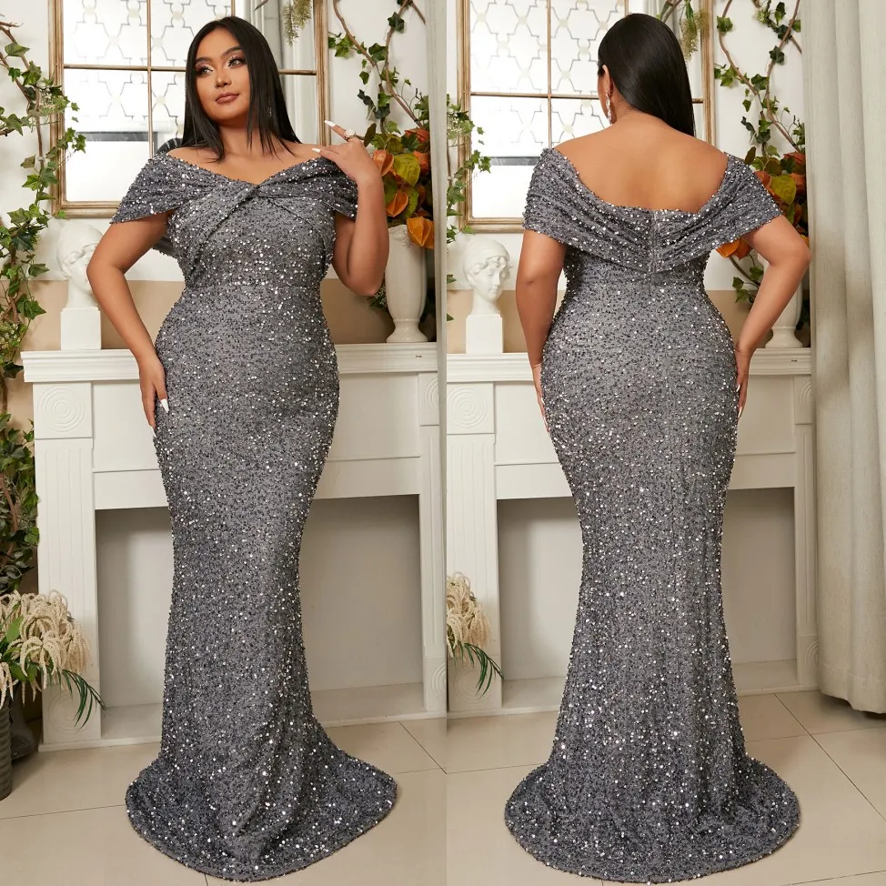 Gray Sequined Plus Size Mermaid Evening Dresses - Off Shoulder Neckline  Prom Gowns - Floor Length Special Occasion Dresses