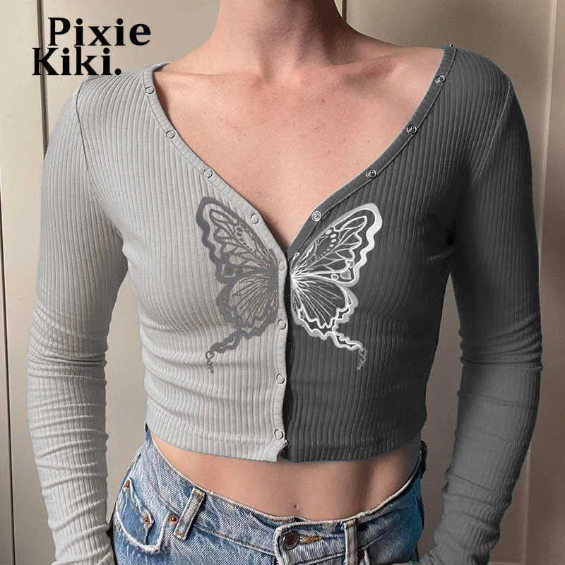 Damen-T-Shirt PixieKiki Y2k Retro-Schmetterlingsdruck-Grafik-T-Shirts Patchwork-Knöpfe mit V-Ausschnitt, kurzes Langarm-Top, Feen-Grunge P77-BC14 T230104