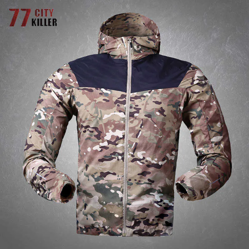 Outdoor Jackets Hoodies Tactical Camouflage Quick Dry Military Jacket Men Outdoor Waterdichte Breadbare kap jagen mannelijke zomer Ultralichthuid jassen 0104