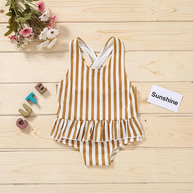 Meisjesjurken zomer babykleding 0-3y mouwloze print ruche ruche een stuk bikini vakantie strandkleding zwempak kinderen voor meisjes