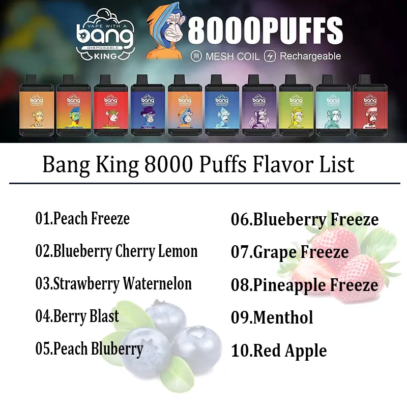 Original Bang King Puff 8000 Disposable Rechargeable Vape Pen Device E Cigarette 650mah 15ml Cartridges pod Mesh Coil 10 Flavors with Lanyard 8K Puff