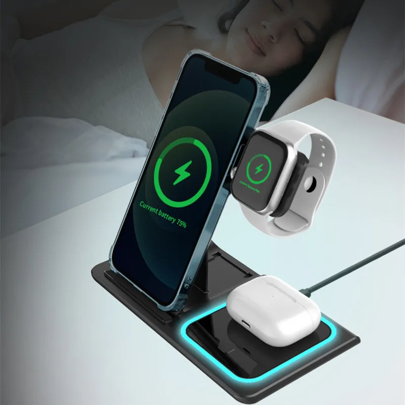 15W 3 In 1 Foldable Cell Phone Chargers Wireless Charger Stand Portable Wireless Charging Station For iPhone 14 13 12 11 Samrtphone Airpods Apple Watch