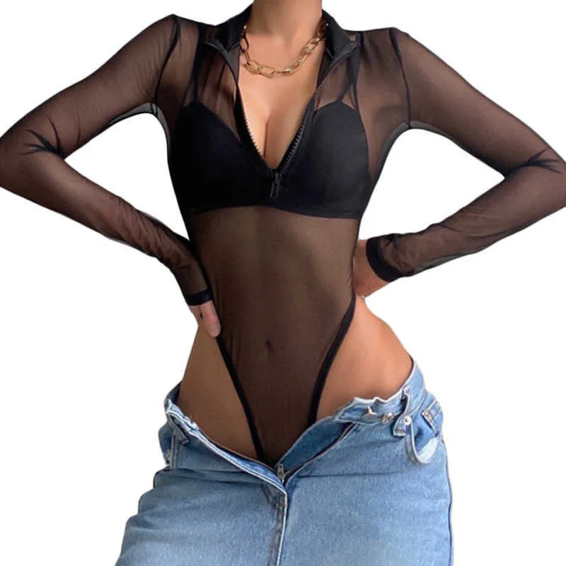 Kvinnors t-shirt damer lapel bodysuits nattklubb transparent skjorta hösten 2022 kvinnor fast färg mesh perspektiv långärmad halv blixtlås toppar t230104