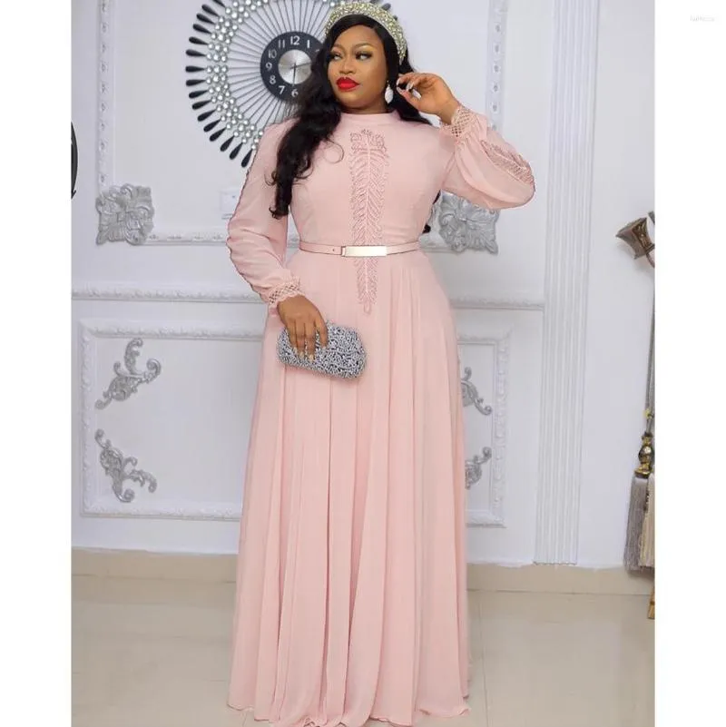 DHgate Plus Size Chiffon Long Sleeve Swing Dress With Belt For Elegant Ladies Apparel