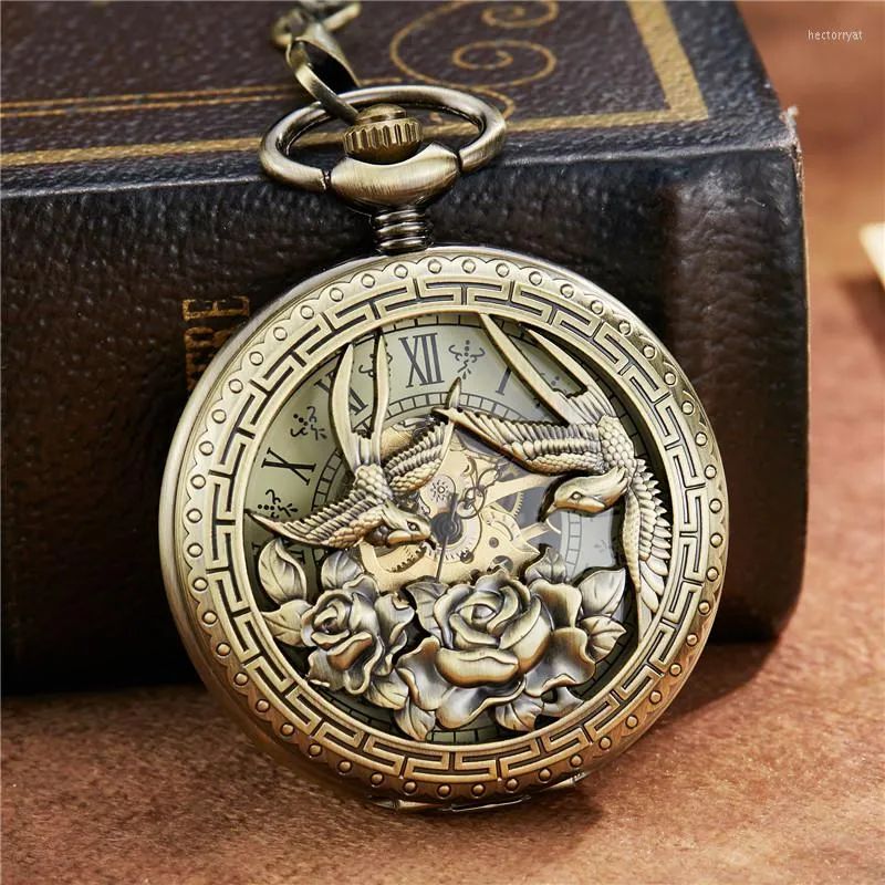 Pocket Watches Vintage Flower Phoenix Carving Roman Dial Mehanical Watch FOB Chain Hand Wind Mechanical Mens Women Wedding Gift