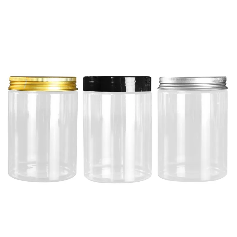 300 ml Durchmesser 68 mm Kunststoff-Verpackungsflasche, durchsichtige PET-Lebensmittel-Süßigkeitstöpfe, Aluminium-Schraubdeckel, leere Blumen-Teegläser, Kosmetikbehälter