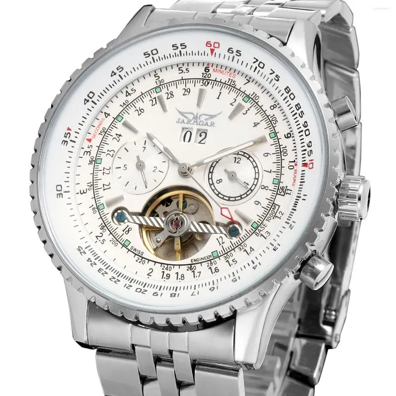 Armbandsur Jaragar Mechanical Watch Kalender visar Silver Steel Strap Wrist Men's and Women's