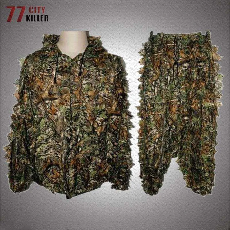 Vestes d'extérieur Hoodies Tactique Costume De Chasse Hommes En Plein Air 3D Feuille D'érable Bionic Ghillie Costume Hommes Camouflage Birdwatch Airsoft Sniper Vêtements Veste Ensembles 0104