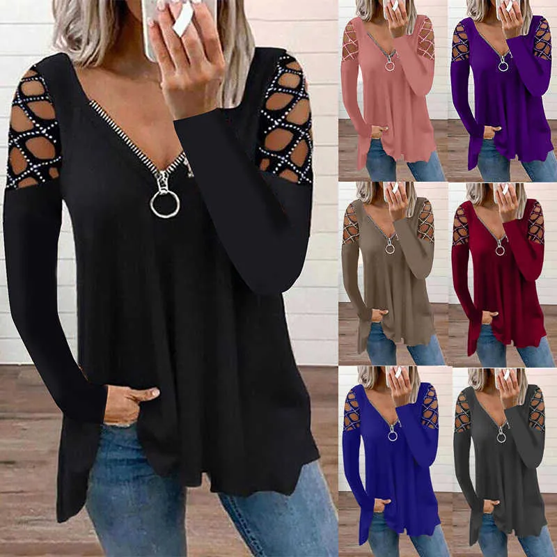 Women's T-Shirt 2021 Autumn Winter Hot Drilling Zipper V Neck Long Sleeve T Shirt Women Sexy Casual Loose Fashion Hollow Out Solid Shirt Top 5XL T230104