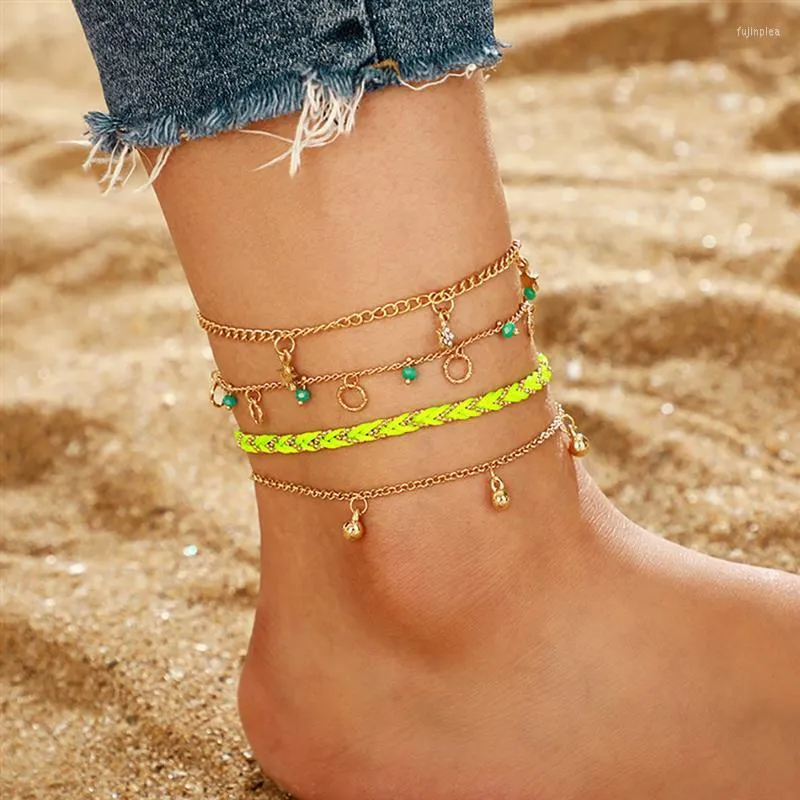Anklets 4Pcs/Set Bohemian Style Anklet Star Decor Ankle Bracelet Chain Braided Rope Jewelry Accessories For Hawaii Beach Party