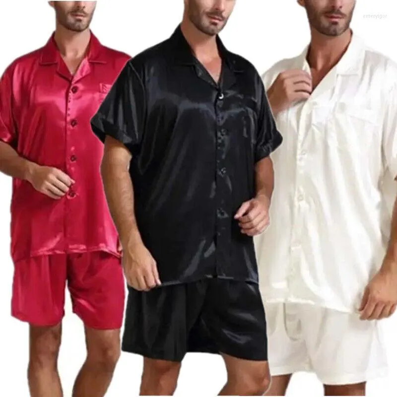 Slaapkleding voor heren S-5XL Heren Pyjama's Sets Silk Satin Soft Nightwear Short Sleeve Tops Lounge Shorts Comfortabele slaapbodems Huiskleding