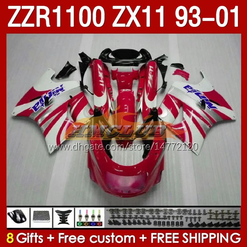 Kroppsröd vit för Kawasaki Ninja ZX-11 R ZZR-1100 ZX-11R ZZR1100 ZX 11 R 11R ZX11 R 1993 1994 1995 2000 2001 165NO.18 ZZR 1100 CC ZX11R 93 94 95 96 97 98 99 00 01 FAIRING Kit Kit