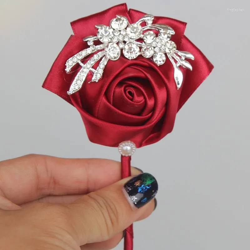 Dekorative Blumen 1 Stück Hochzeitsanzug Corsage Bräutigam Boutonniere Party Prom Mann Corsagen Satin Stoff Rose Kristall Brosche Knopf Hloe