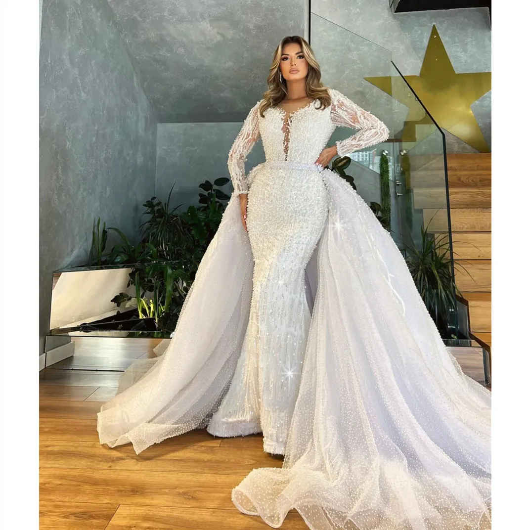 Luxury Ball Gown Wedding Dresses Appliques V Neck Long Sleeves Sequins Beads Ruffles Pearls 3D Lace Floor Length Detachable Train Formal Dresses Bridal Gowns
