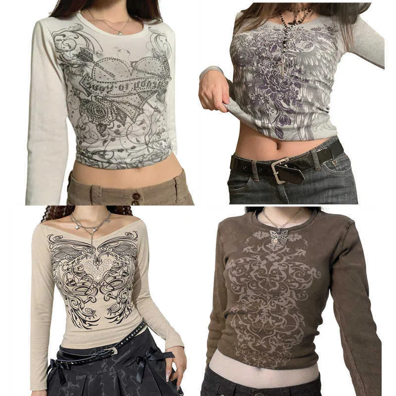 Koszulka damska Kobiety za vintage T-shirts Y2K Ubrania 2023 HARAJUKU CROP TOP T-shirt Graphic Gothic Grunge Long Sleeve Top Fall Winter Pullover T230104