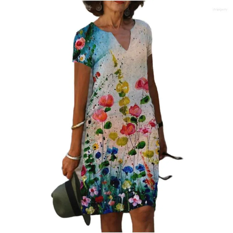 Sukienki imprezowe Sukienkę dla kobiet w dziewiątce w kwiecistej drukowaniu A-line damskie damki krótkie rękawowe plażę zwyczajną harajuku
