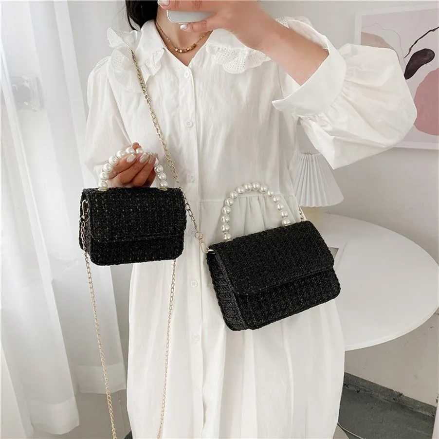 Fashion Straw Woven Shoulder Bags for Women Summer Beach Vintage Clamshell Crossbody Bag Female Designer Gold Chain Handväskor SAC299H